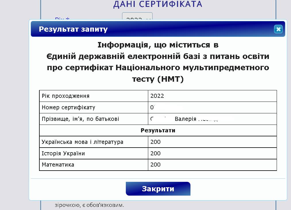 Сертифікат НМТ: 200, 200, 200
